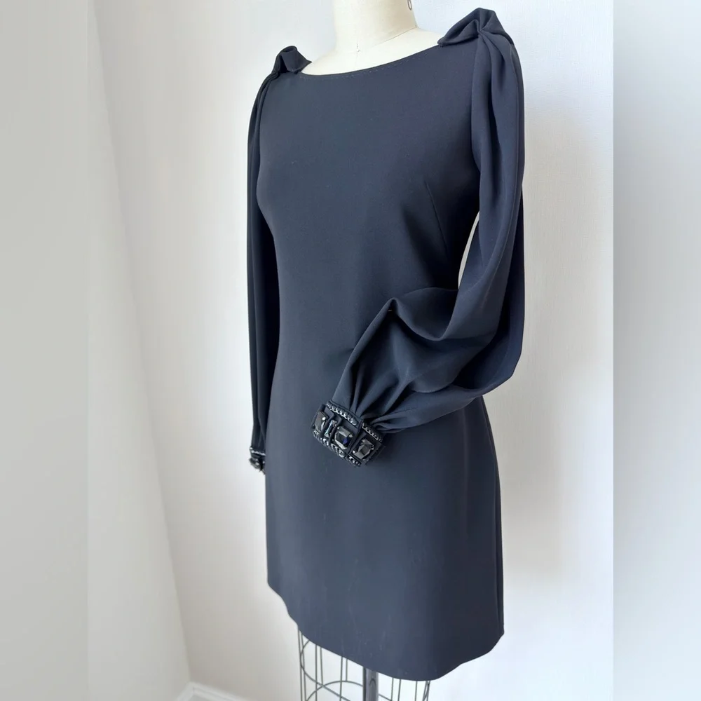 Elie Tahari Black Long Sleeve  Mini Dress  with Embellished sleeve cuff Size 4